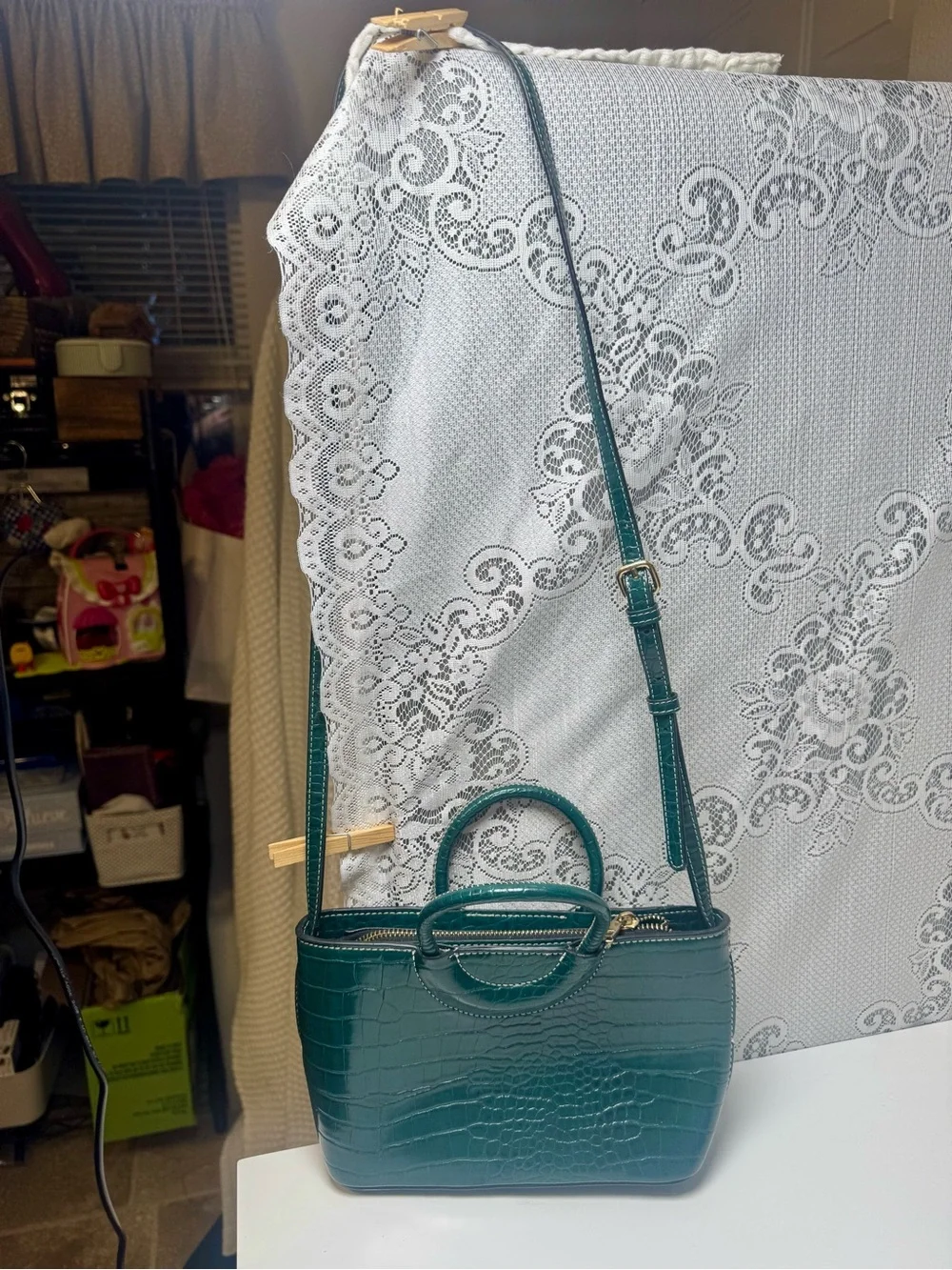 Green Croc-Embossed Mini Crossbody Bag. Whipstitch Handles- 9” Handbag